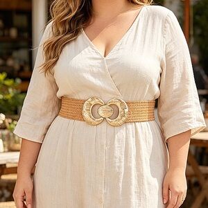 Faux Straw Big Gold Metal Buckle Elastic Plus Size Statement Belt - Natural